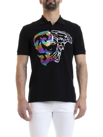 Shop Versace Multicolour Print Polo Shirt In Black