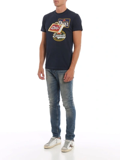 Shop Dsquared2 Printed Patch Navy Blue Cotton T-shirt In Dark Blue