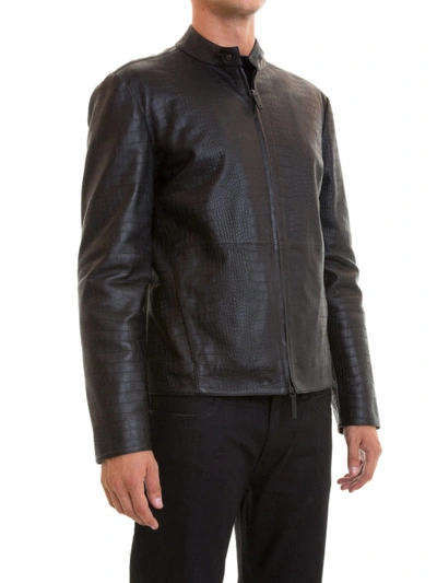 Shop Armani Collezioni Embossed Cocco Print Leather Jacket In Black