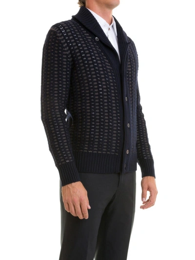 Shop Brioni Bicolour Intarsia Wool Cardigan In Dark Blue