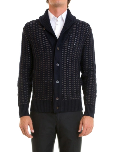 Shop Brioni Bicolour Intarsia Wool Cardigan In Dark Blue