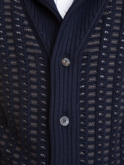 Shop Brioni Bicolour Intarsia Wool Cardigan In Dark Blue