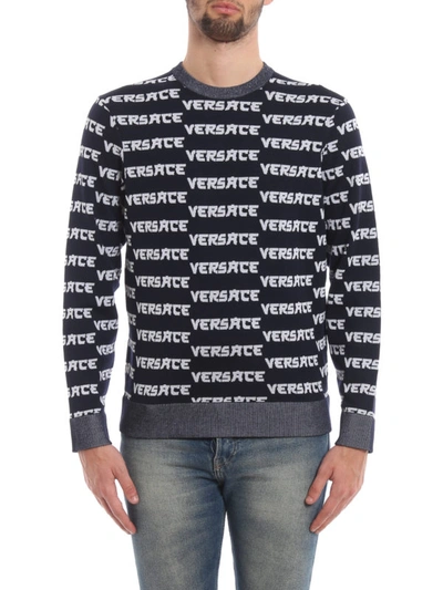 Shop Versace Logo Stripe Tech Wool Sweater In Dark Blue