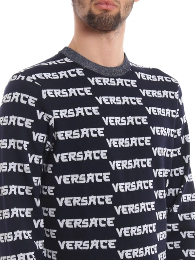 Shop Versace Logo Stripe Tech Wool Sweater In Dark Blue