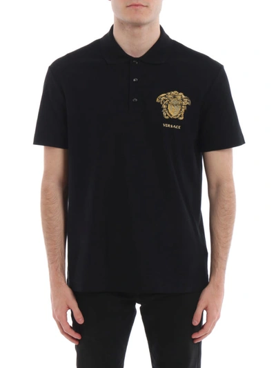 Shop Versace Medusa Head Embroidery Pique Polo Shirt In Black