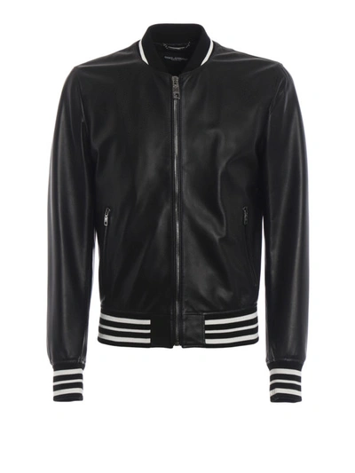 Shop Dolce & Gabbana Lamb Leather Bomber Jacket In Black