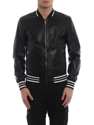 Shop Dolce & Gabbana Lamb Leather Bomber Jacket In Black