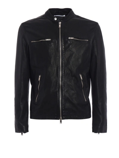 Shop Dondup New Biker Leather Jacket In Black
