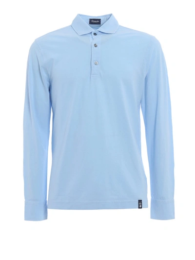 Shop Drumohr Long Sleeve Jersey Polo Shirt In Light Blue