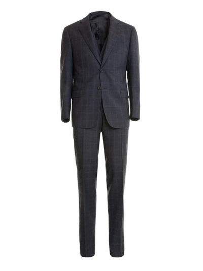 Shop Armani Collezioni G-line Checked Wool Formal Suit In Dark Blue