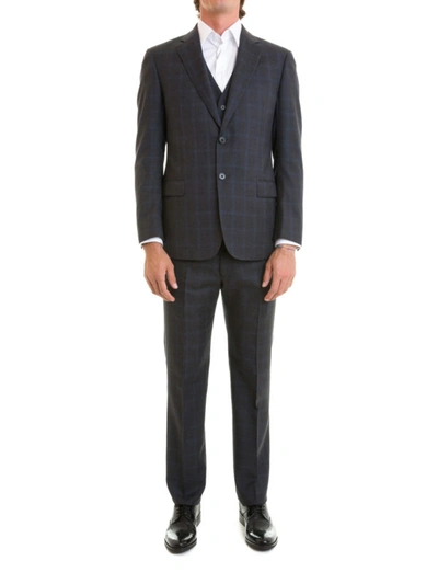 Shop Armani Collezioni G-line Checked Wool Formal Suit In Dark Blue