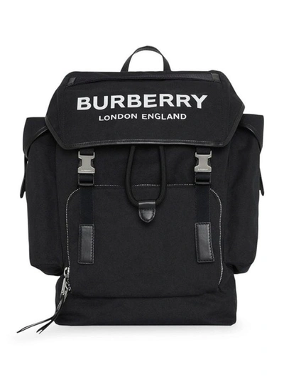 Shop Burberry Cotton Blend Logo Print Backpack In Black