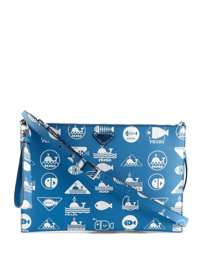 Shop Prada Whale Print Saffiano Clutch In Blue