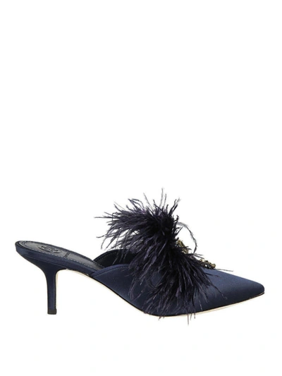 Shop Tory Burch Elodie Satin Jewel Mules With Feathers In Blue