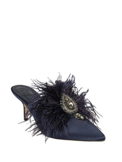 Shop Tory Burch Elodie Satin Jewel Mules With Feathers In Blue