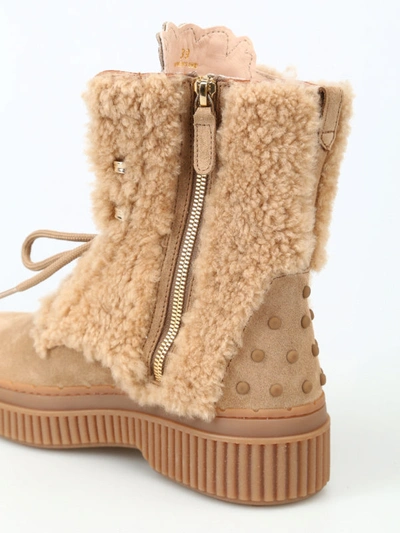 Shop Tod's Embroidered Tongue Suede Ankle Boots In Beige