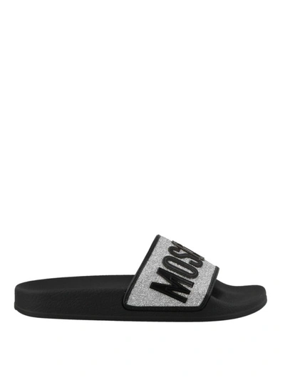 Shop Moschino Glittered Silver Band Slides In Black