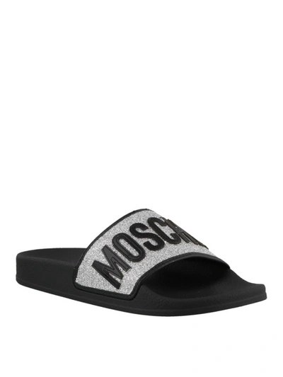 Shop Moschino Glittered Silver Band Slides In Black