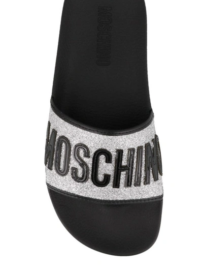 Shop Moschino Glittered Silver Band Slides In Black