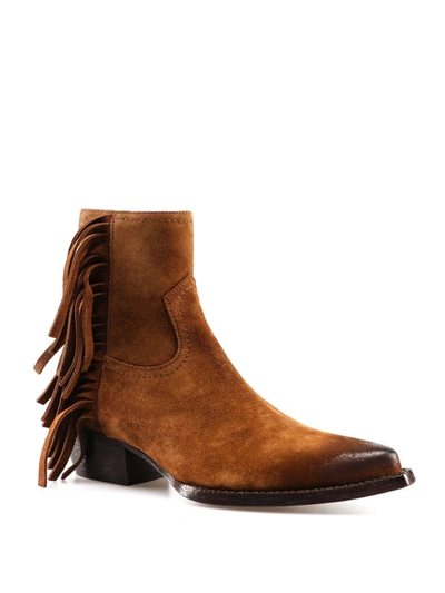 Shop Saint Laurent Lukas Fringed Suede Ankle Boots In Light Brown