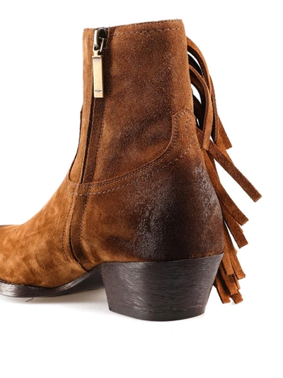 Shop Saint Laurent Lukas Fringed Suede Ankle Boots In Light Brown