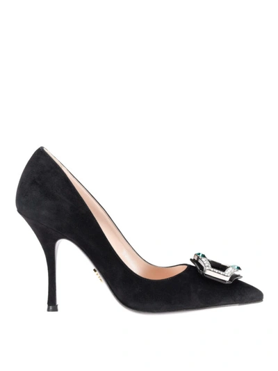 Shop Prada Jewel Buckle Suede Pumps In Black