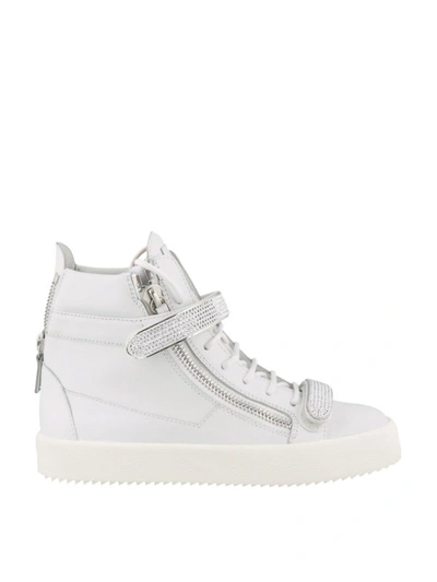 Shop Giuseppe Zanotti Crystal Leather High-top Sneakers In White