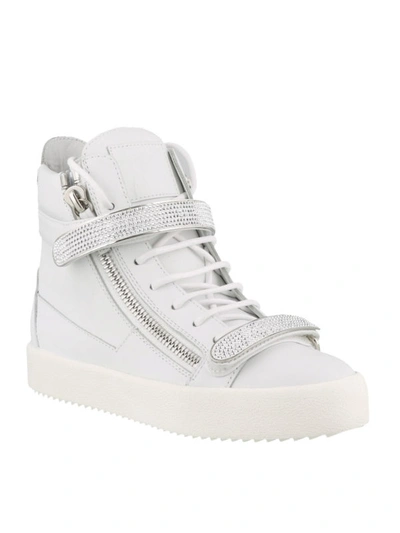 Shop Giuseppe Zanotti Crystal Leather High-top Sneakers In White