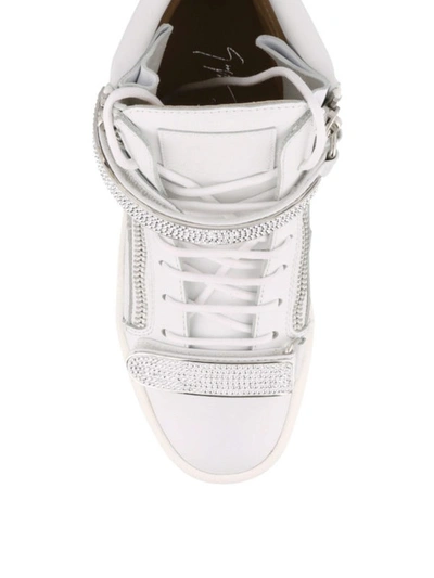 Shop Giuseppe Zanotti Crystal Leather High-top Sneakers In White