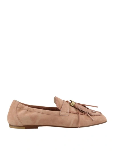 Shop Tod's Pink Suede Loafers With Tassel