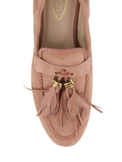 Shop Tod's Pink Suede Loafers With Tassel