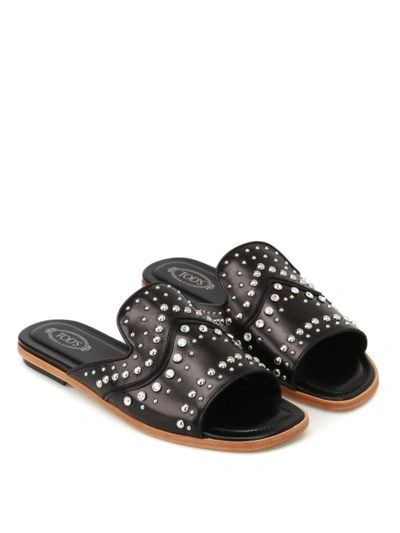 Shop Tod's Studded Leather Slippers In Black