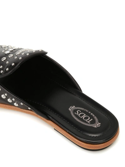 Shop Tod's Studded Leather Slippers In Black