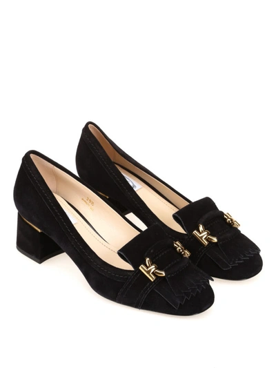 Shop Tod's Fringed Suede Loafers In Black