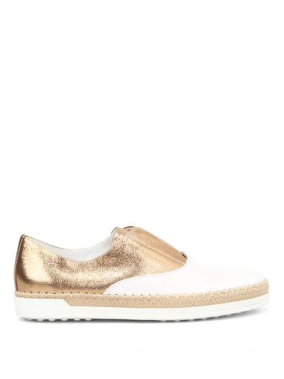 Shop Tod's Leather And Raffia Oxford Slip-ons In Rose Gold