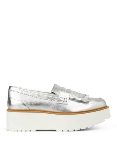 Shop Hogan H355 Laminated Leather Loafers In Silver