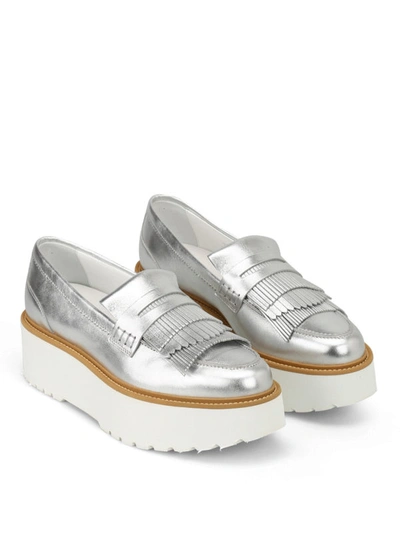 Shop Hogan H355 Laminated Leather Loafers In Silver