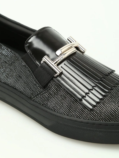 Shop Tod's Double T Fringed Leather Sneakers In Black
