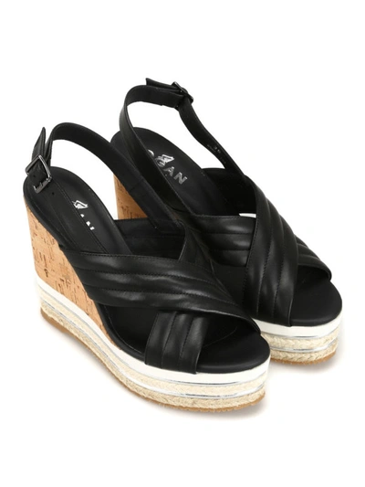 Shop Hogan H442 Black Leather Wedge Sandals