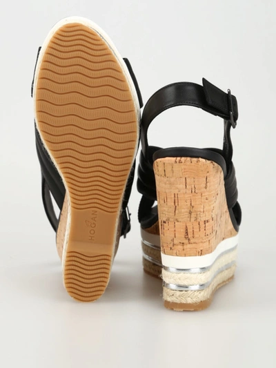 Shop Hogan H442 Black Leather Wedge Sandals
