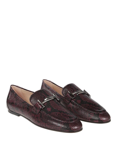 Shop Tod's Python Effect Leather Double T Loafers In Burgundy