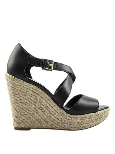 Shop Michael Kors Abbott Black Leather Wedge Sandals