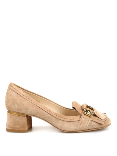 Shop Tod's T Ring Fringed Suede Low Heel Pumps In Beige