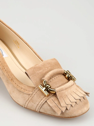 Shop Tod's T Ring Fringed Suede Low Heel Pumps In Beige