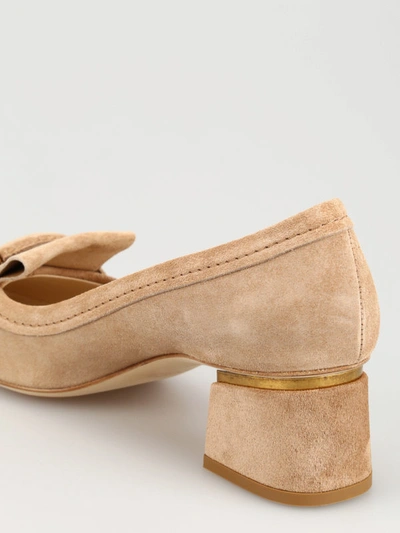 Shop Tod's T Ring Fringed Suede Low Heel Pumps In Beige