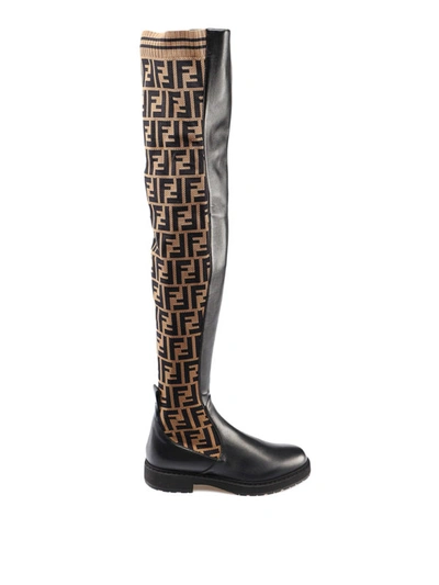 Shop Fendi Ff Fabric And Leather Over The Knee Boots In Black
