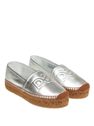 Shop Dolce & Gabbana Metallic Leather Logo Embossed Espadrilles In Silver