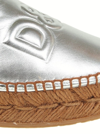 Shop Dolce & Gabbana Metallic Leather Logo Embossed Espadrilles In Silver