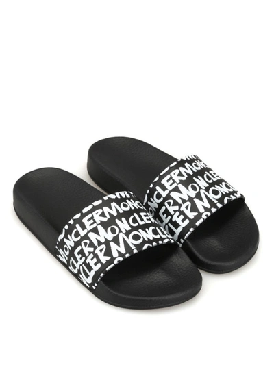 Shop Moncler Jeanne Graffiti Style Logo Pool Slides In Black