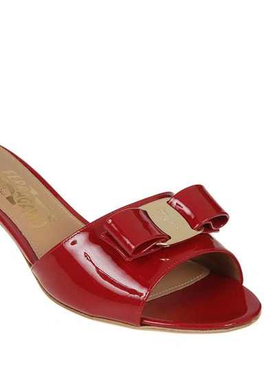 Shop Ferragamo Vara Bow Patent Leather Slide Sandals In Red